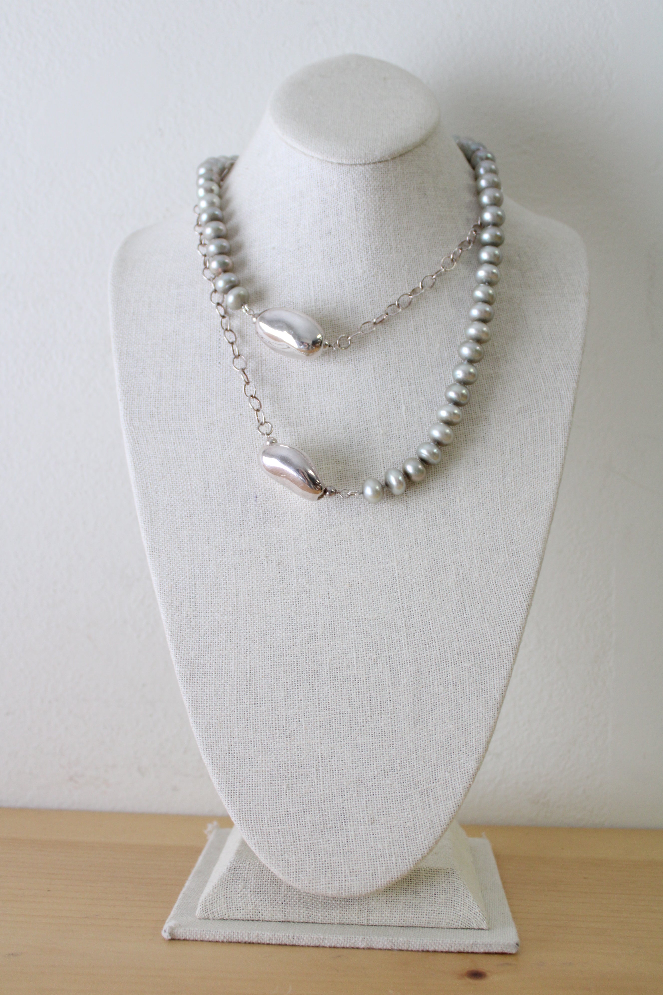 Sterling Silver & Genuine Green Pearl Long Necklace