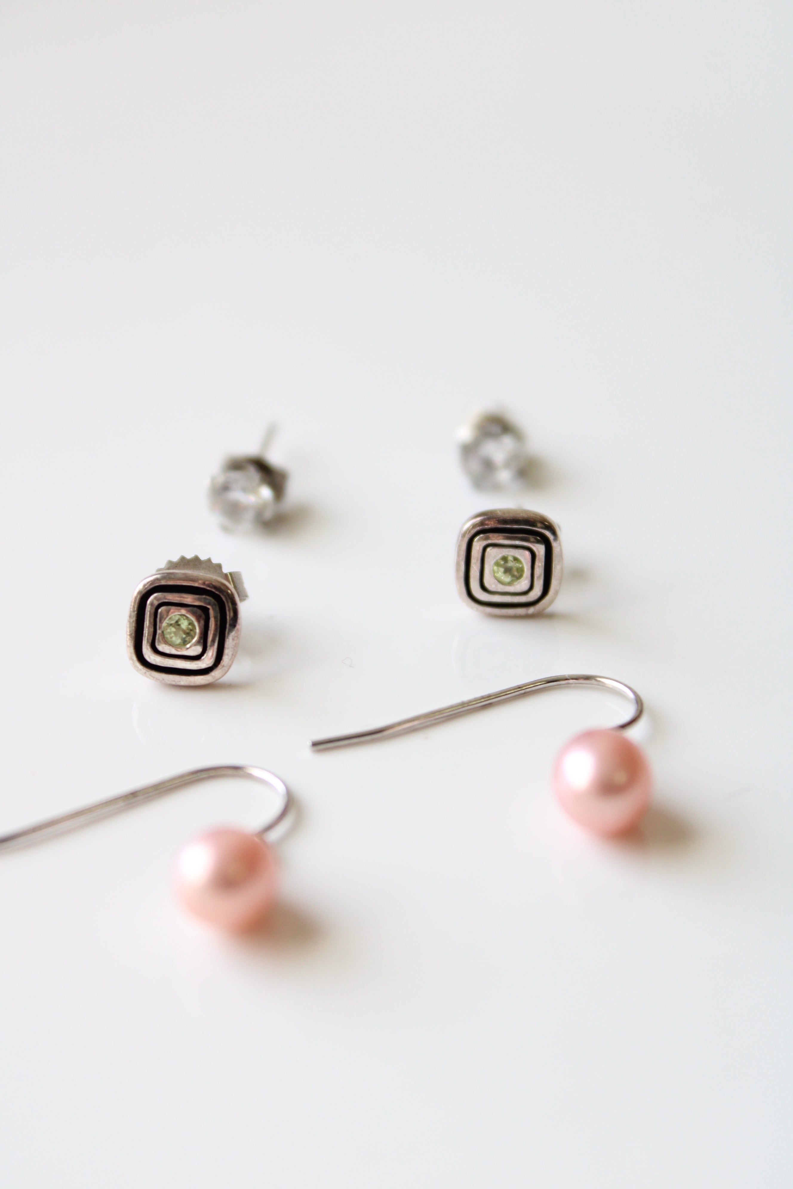 Pink Pearl Clear Stone & Green Stone Stud Earrings | Set Of 3