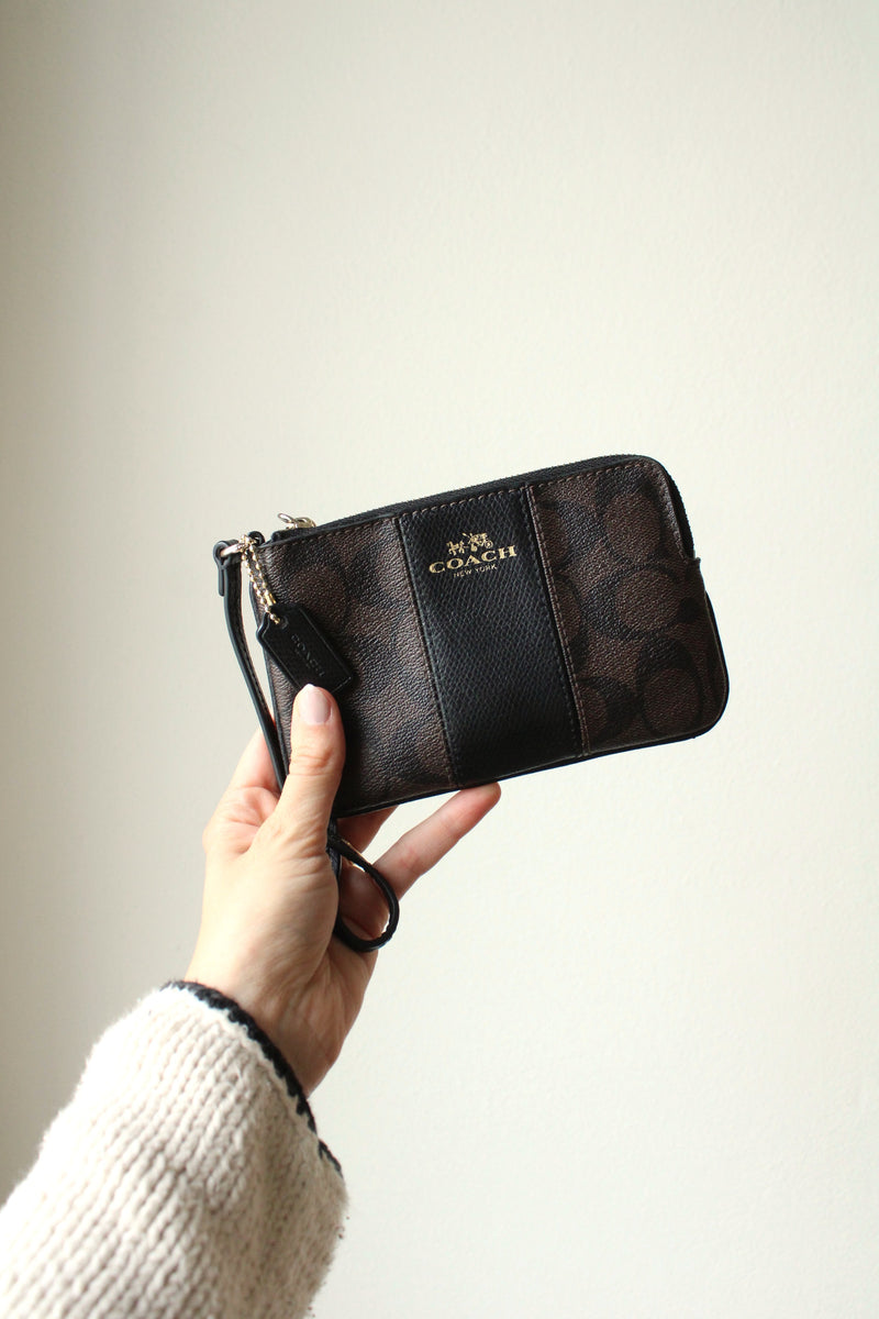 Coach Corner Zip Signature Canvas Brown/Black Wristlet – Jubilee