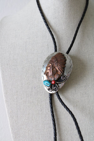 Native Silver Bolo Blue & Red Turquoise Tie