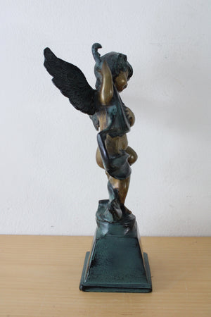 Bronze Winged Cherub Angel Statue Playing Lute Violin