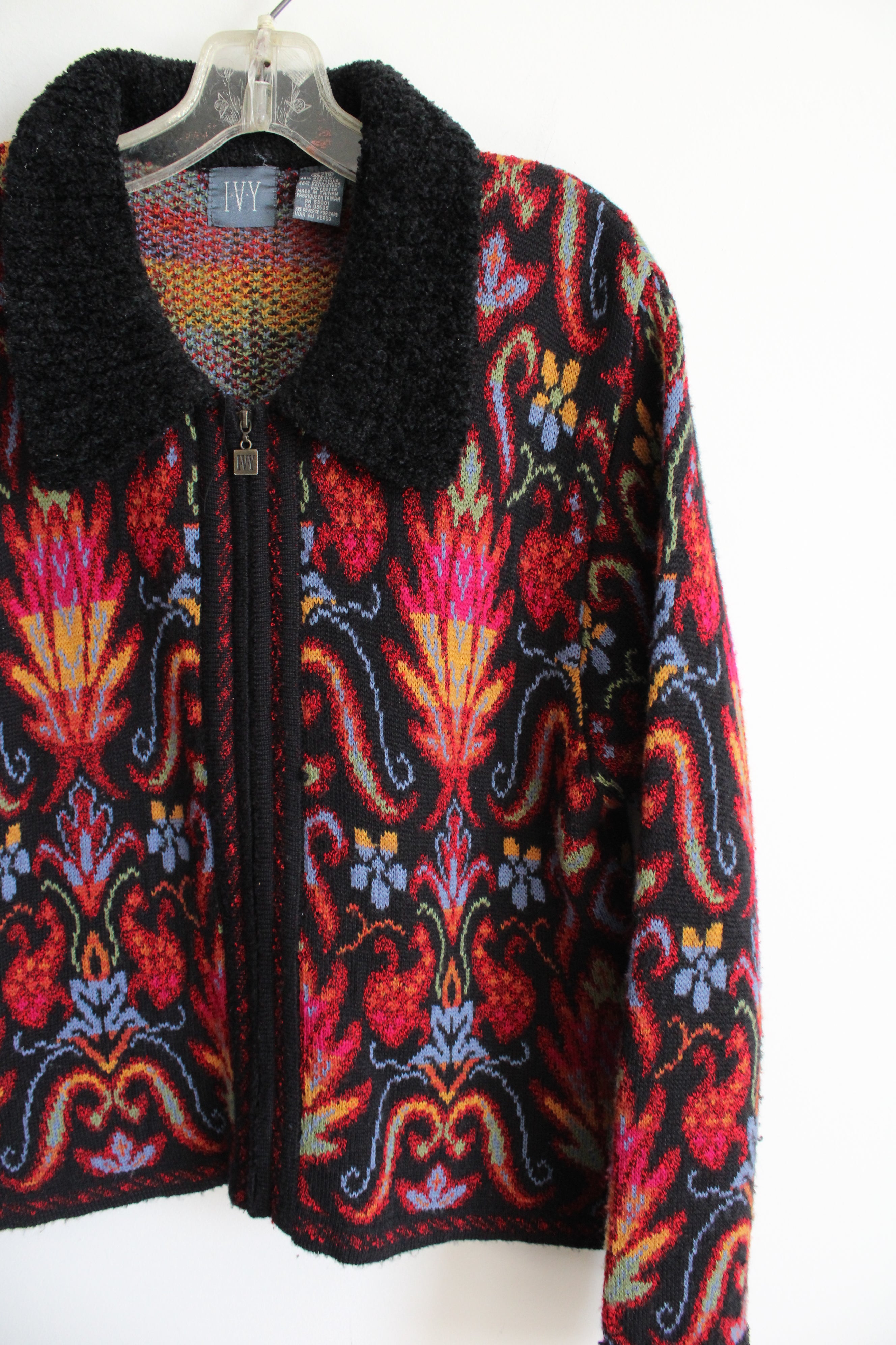 IVY Red Patterned Knit Zip Up Sweater Jacket | XL