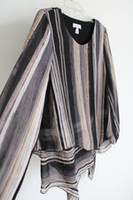 Susan Graver Gray Tan Black Striped Chiffon Blouse | S