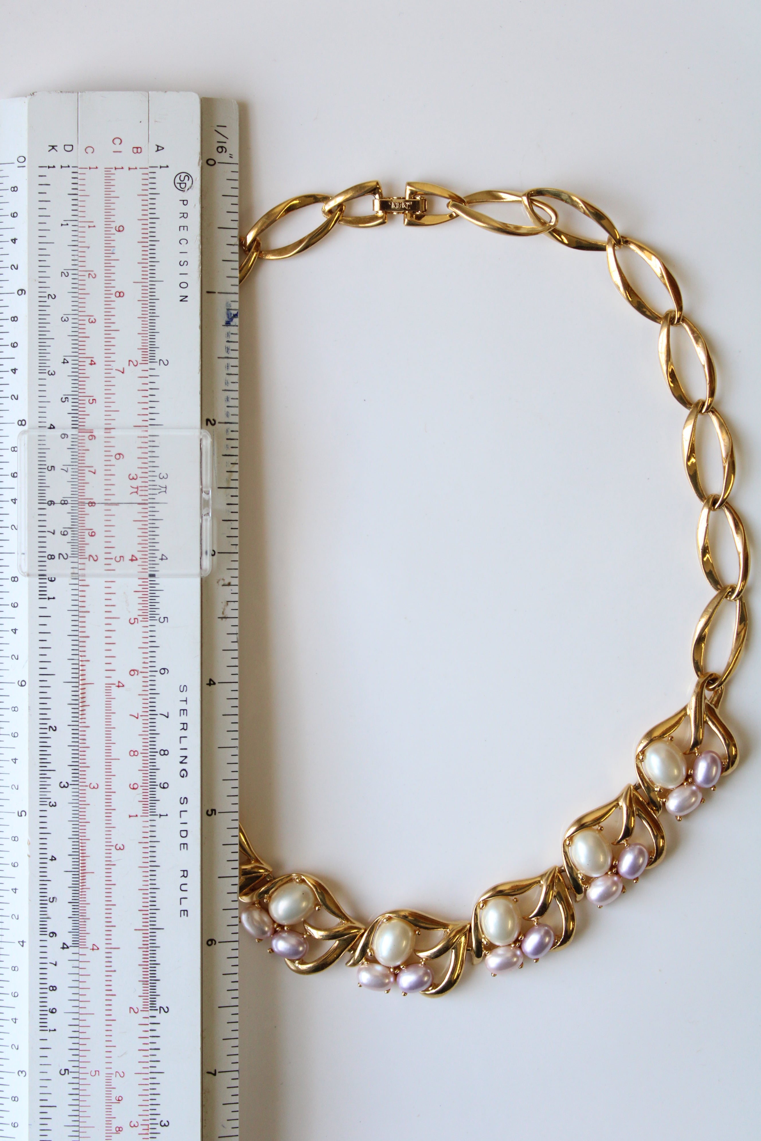 Trifari Pearl White & Pink Chain Statement Necklace