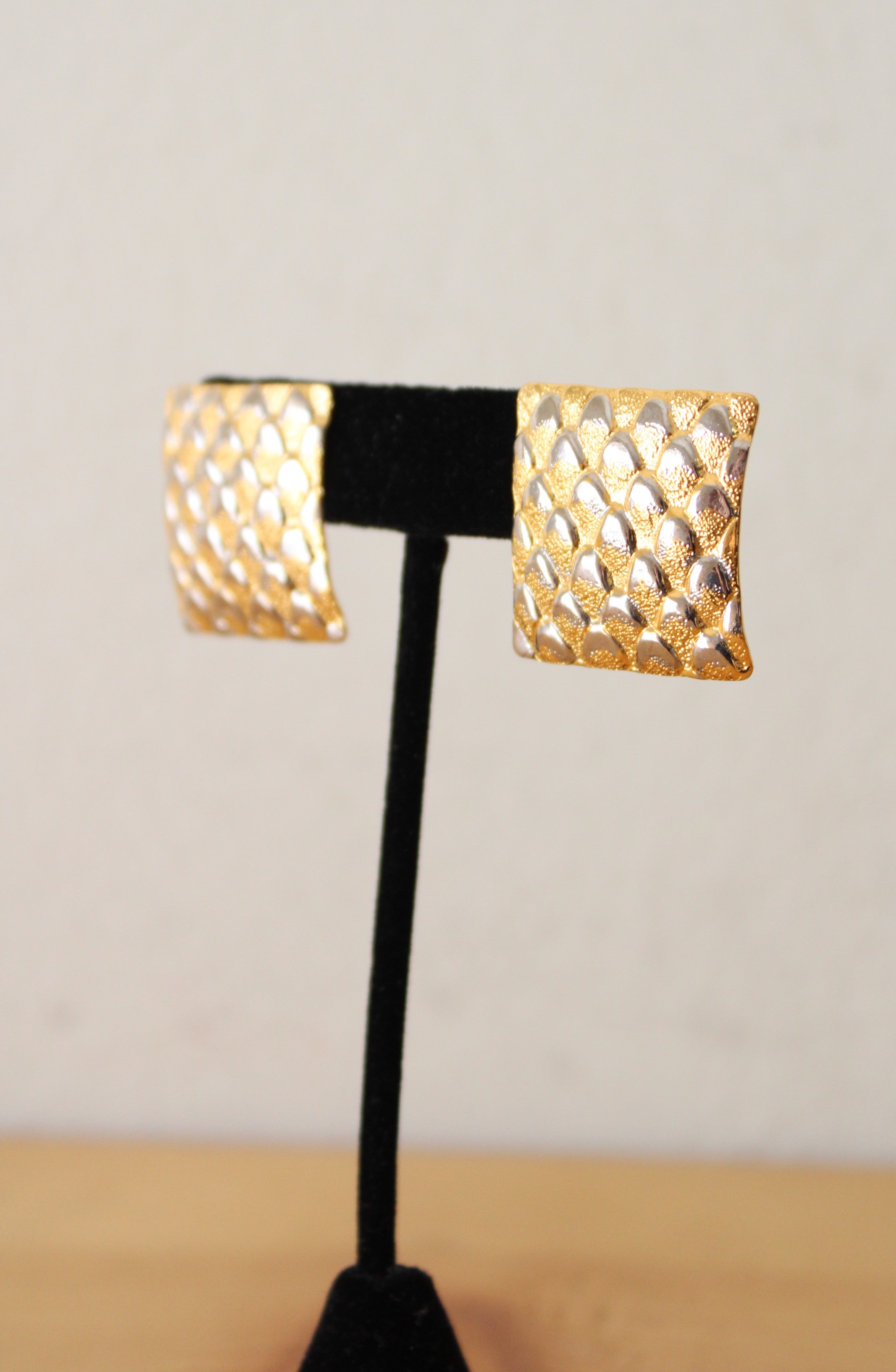 Vintage Gold Square Metal Scale Pattern Earrings