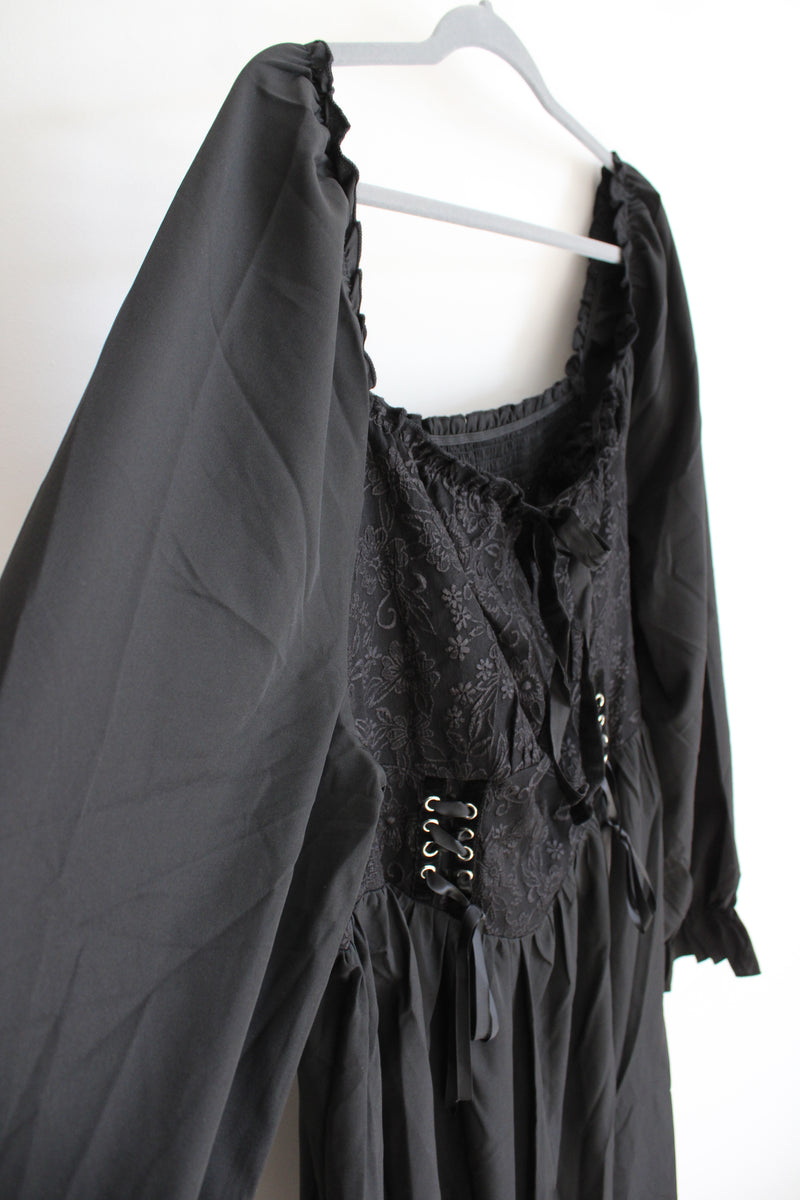 Shein Curve Black Lace Corset Tied Waist Long Sleeved Dress