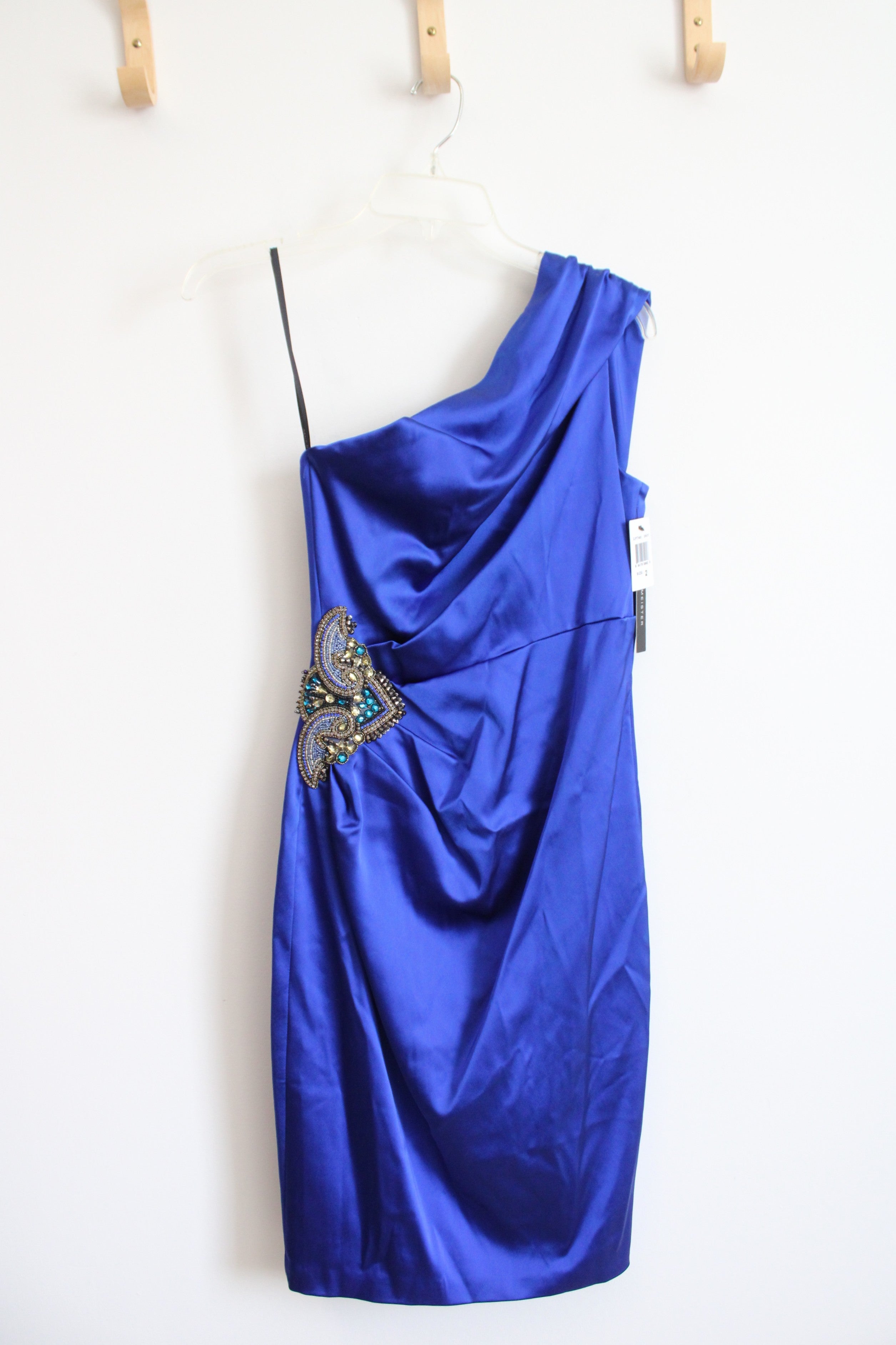 New David Meister Blue Beaded One Shoulder Cocktail Dress