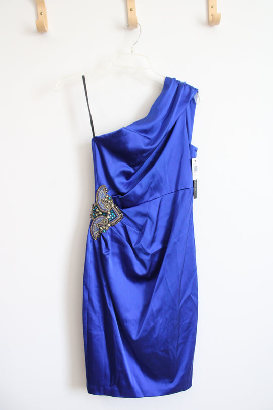 NEW David Meister Blue Beaded One Shoulder Cocktail Dress | 2