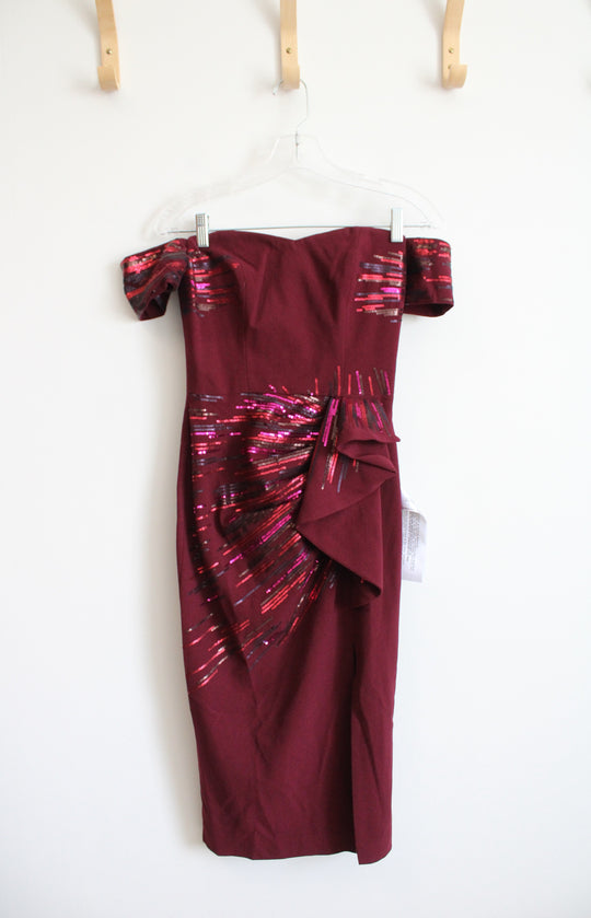 NEW Dress The Population Alani Burgundy Sequined Midi Dress | XS