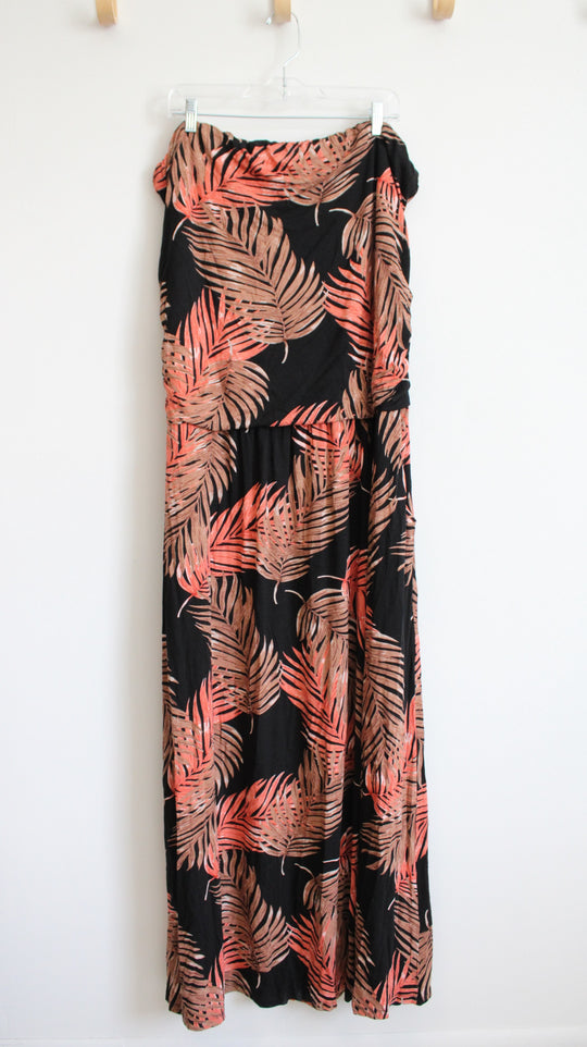 Lascana Venus Black Brown & Orange Tropical Print Strapless Maxi Dress | 2X