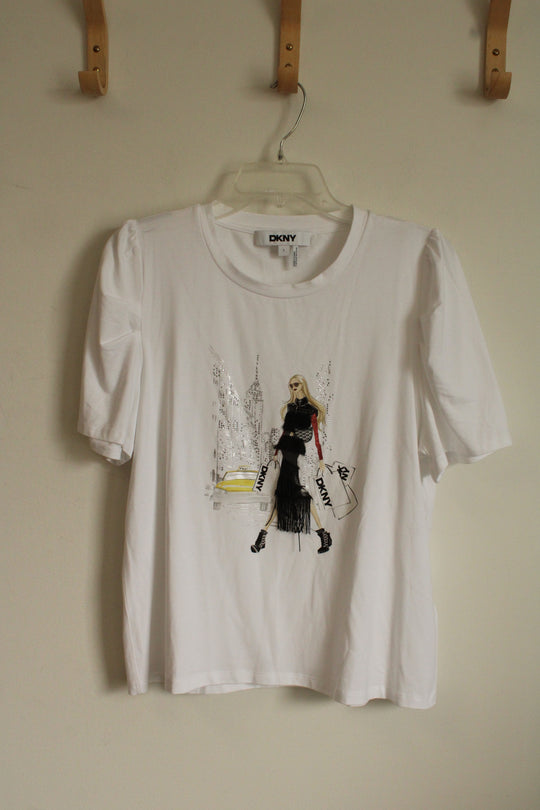 DKNY White Graphic T-shirt with Puff Sleeves and Fringe Detail | L