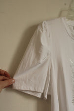 DKNY White Graphic T-shirt with Puff Sleeves and Fringe Detail | L