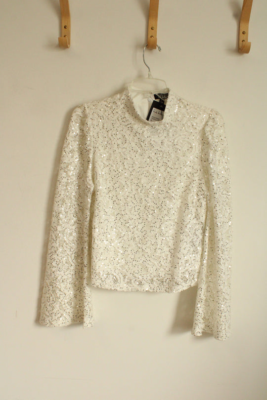 NEW Nicole Miller White Lace Sequin Flare Sleeve Top | M