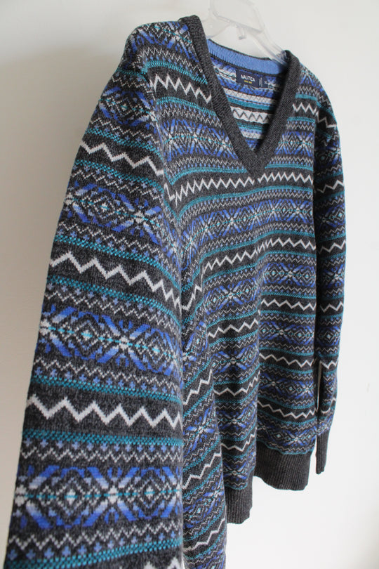 Nautica Gray & Blue Patterned V-Neck Sweater | XL