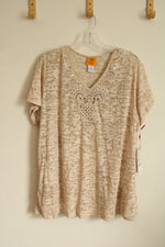NEW Ruby Rd Tan Textured T-shirt with Embroidered Collar | 1XL