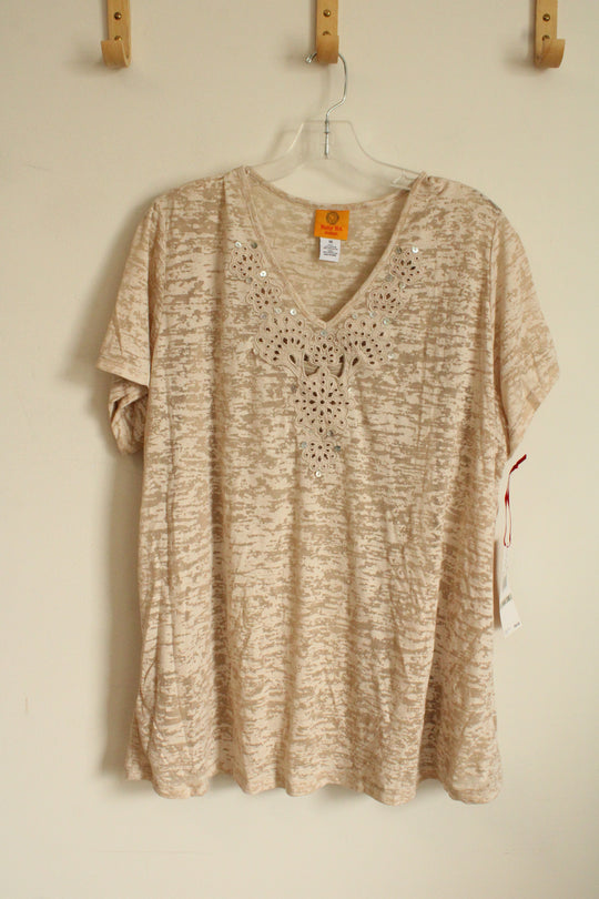 NEW Ruby Rd Tan Textured T-shirt with Embroidered Collar | 1XL