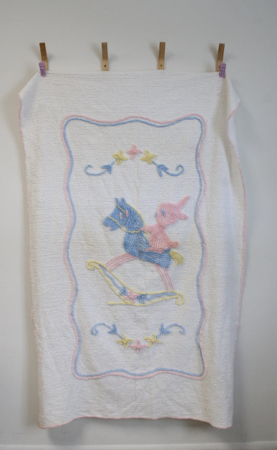 Vintage Chenille Bunny On Rocking Horse Baby Blanket