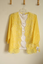 NEW Alfred Dunner Yellow Lace Cardigan with White Tank and Necklace Attached | 3XL