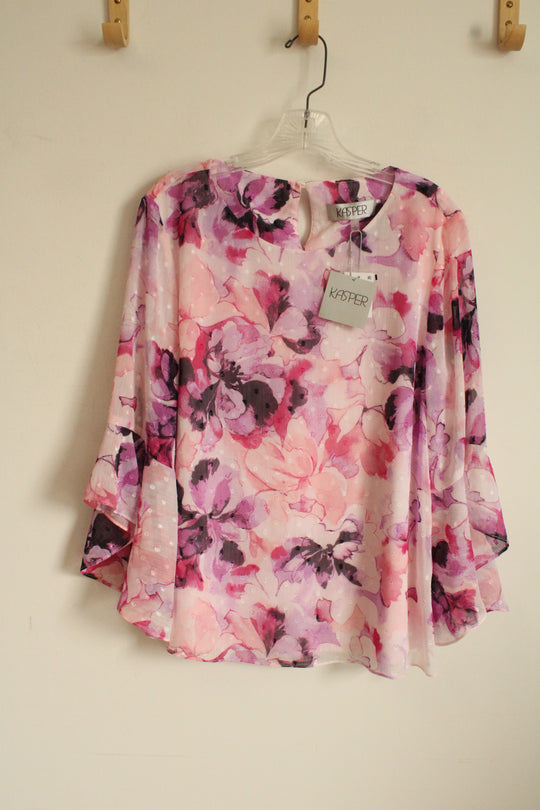 NEW Kasper Pink Purple and White Floral Sheer Ruffle Sleeve Blouse | L