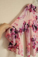 NEW Kasper Pink Purple and White Floral Sheer Ruffle Sleeve Blouse | L