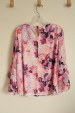 NEW Kasper Pink Purple and White Floral Sheer Ruffle Sleeve Blouse | L