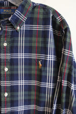 Ralph Lauren Classic Fit Polo Blue Green Tartan Plaid Button Down Shirt | XL