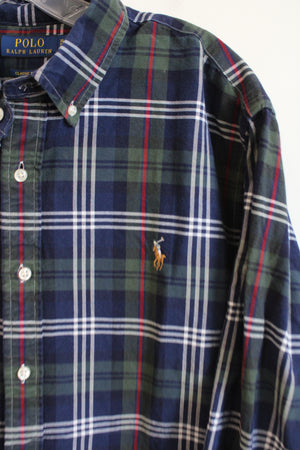 Ralph Lauren Classic Fit Polo Blue Green Tartan Plaid Button Down Shirt | XL