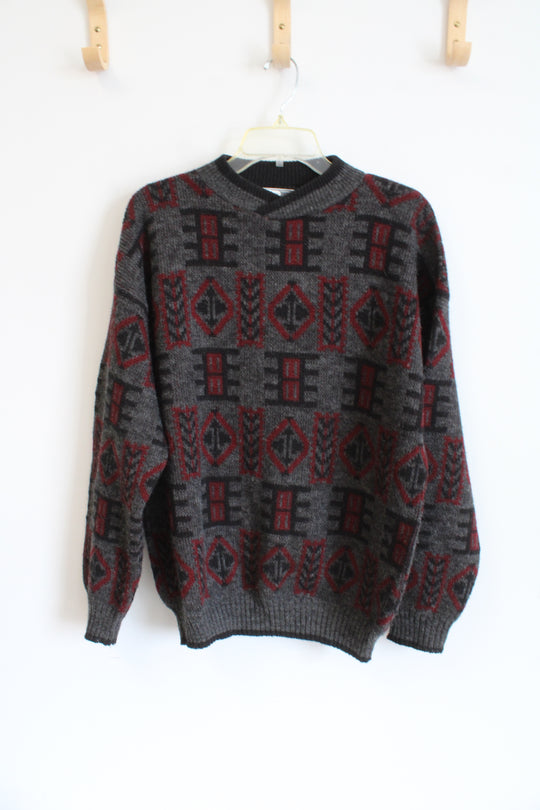 Hess's Made In Italy Vintage Gray Red Patterned Knit Sweater | L