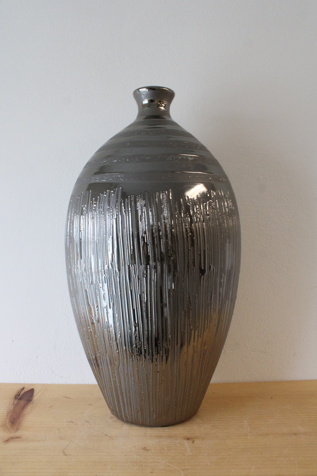 Tall Oval Textured Silver Glazed Vase
