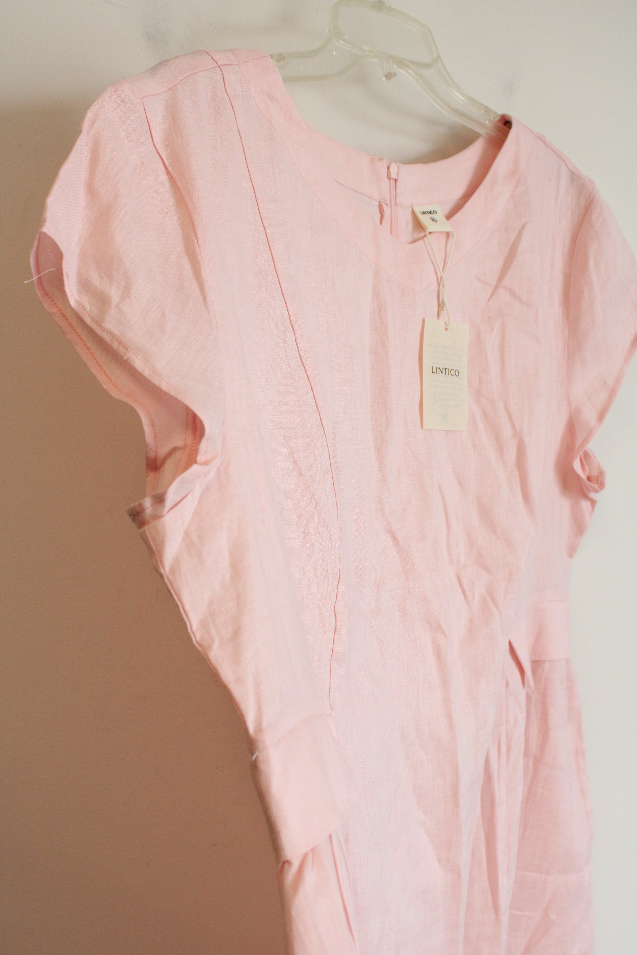 New Lintico 100% Natural Linen Pink V-Neck Dress