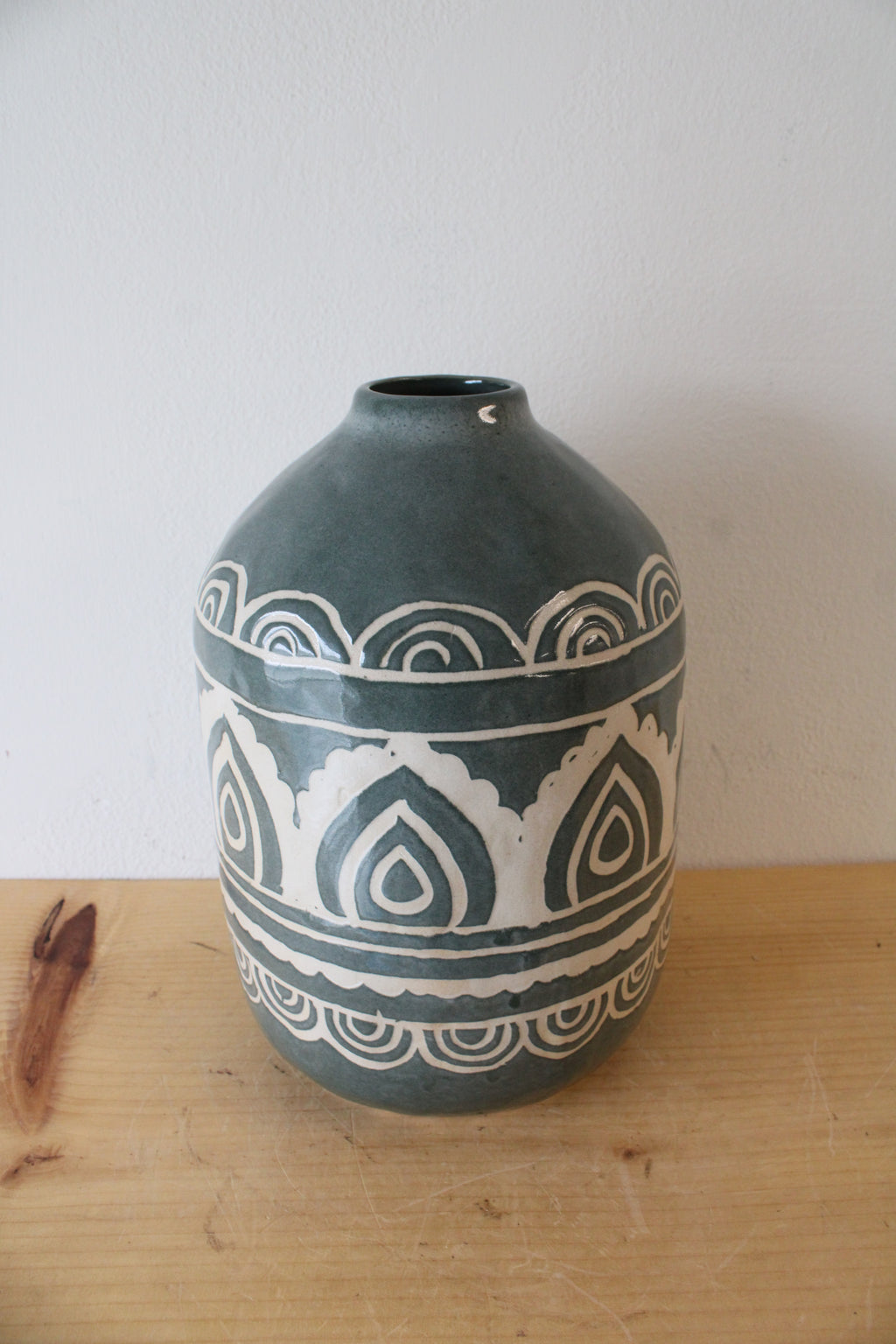 Dusty Blue Patterned Ceramic Vase