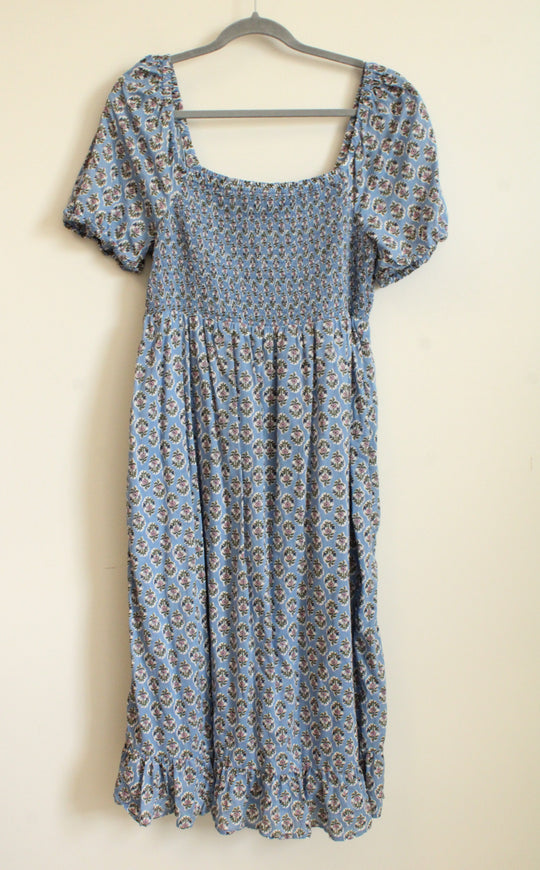J.Crew Blue Floral Smocked Maxi Cotton Dress | L