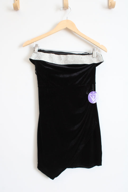 NEW Windsor Mina Black Velvet Rhinestone Strapless Mini Dress | S