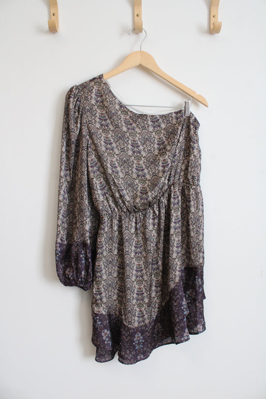 NEW Jo Flower Andi Taupe Floral Satin One Shoulder Dress | M