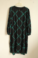 Ann Taylor Black and Green Diamond Plaid Long Puff Sleeve Dress | 18