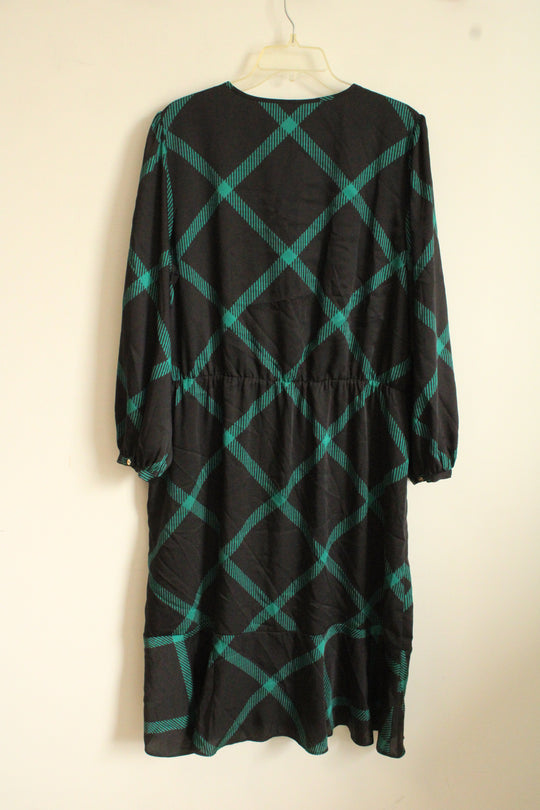 Ann Taylor Black and Green Diamond Plaid Long Puff Sleeve Dress | 18
