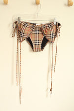 NEW Burberry Tan Signature Plaid Tie String Bikini Top and Bottom Set | L