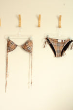 NEW Burberry Tan Signature Plaid Tie String Bikini Top and Bottom Set | L