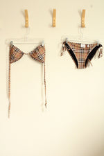 NEW Burberry Tan Signature Plaid Tie String Bikini Top and Bottom Set | L