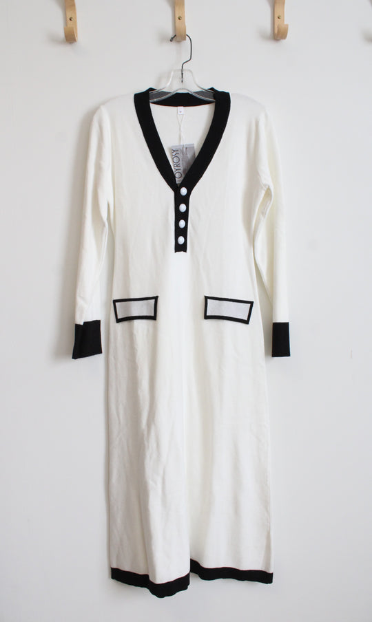NEW Oyrosy White & Black Trim Knit Midi Dress | M
