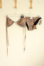 NEW Burberry Tan Signature Plaid Tie String Bikini Top and Bottom Set | L