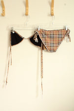 NEW Burberry Tan Signature Plaid Tie String Bikini Top and Bottom Set | L