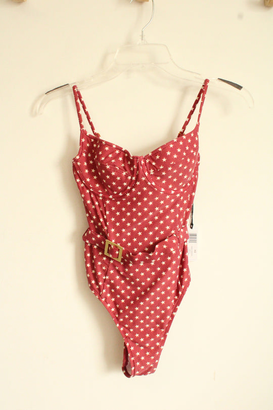 NEW We Wore What Maroon Star Belted One Piece Bathing Suit | XS