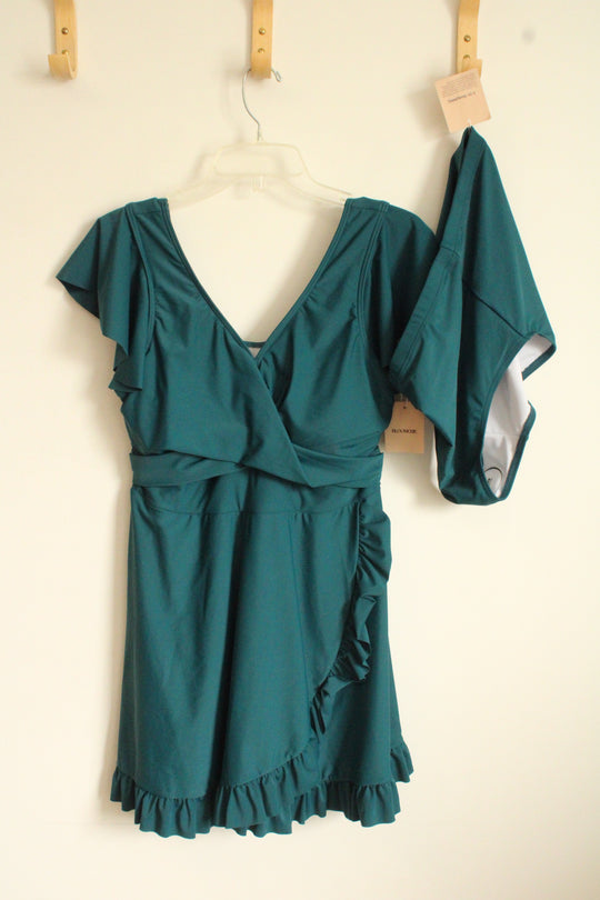 NEW Bloomchic Dark Teal One Piece Ruffle Swimsuit Dress with Bottoms | 12