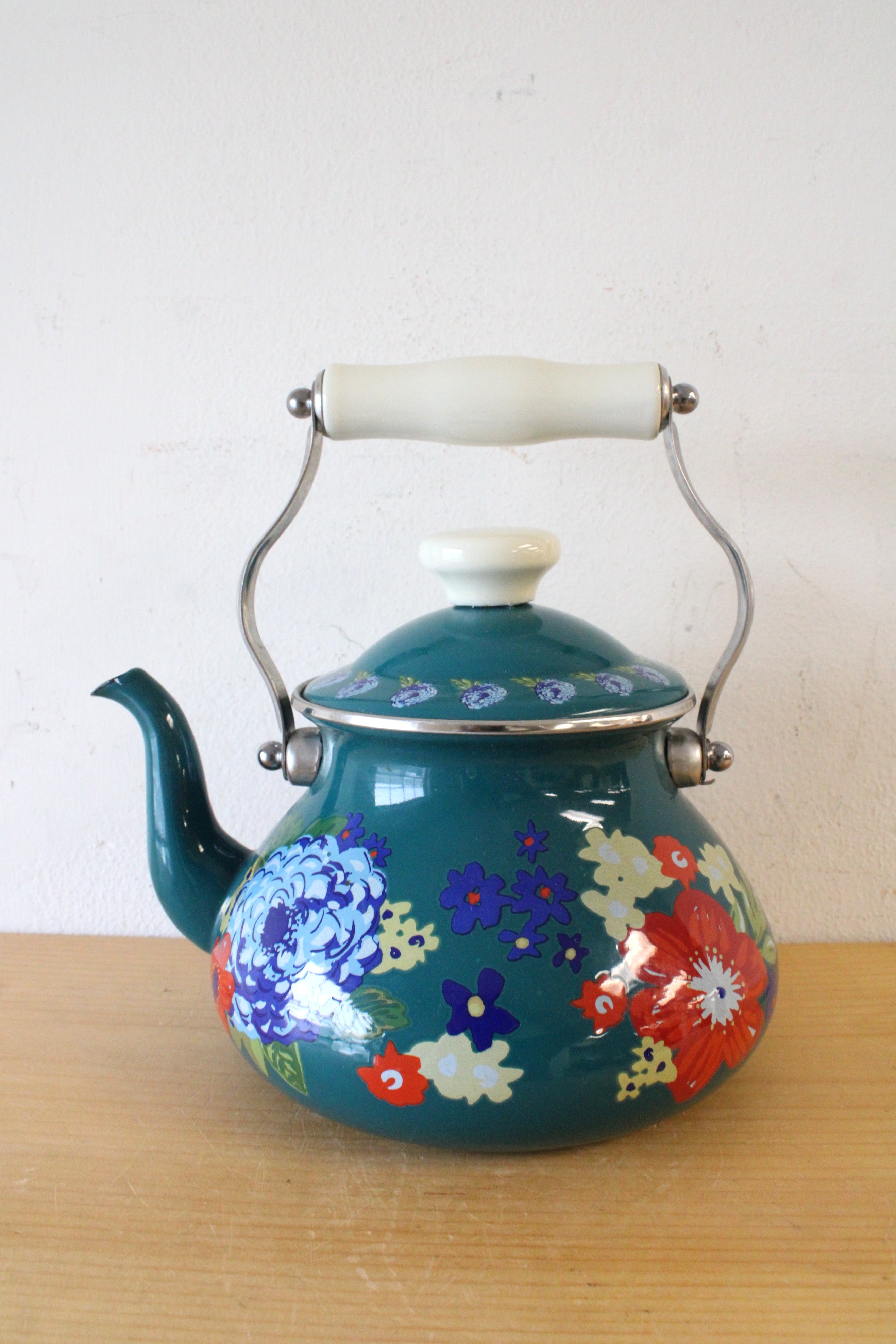 Pioneer Woman Teal Dazzling Dahlias Tea Kettle Pot