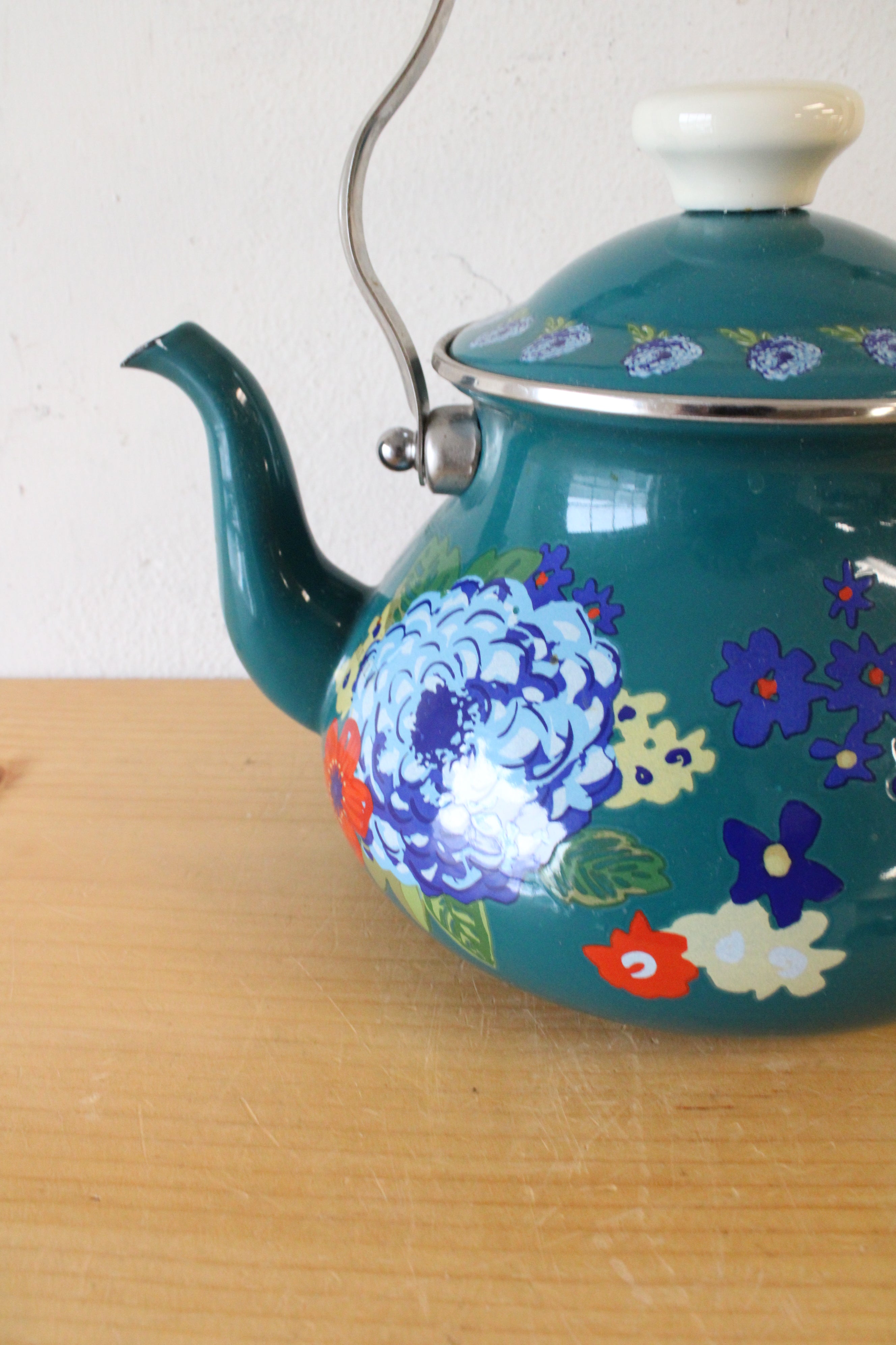Pioneer Woman Teal Dazzling Dahlias Tea Kettle Pot