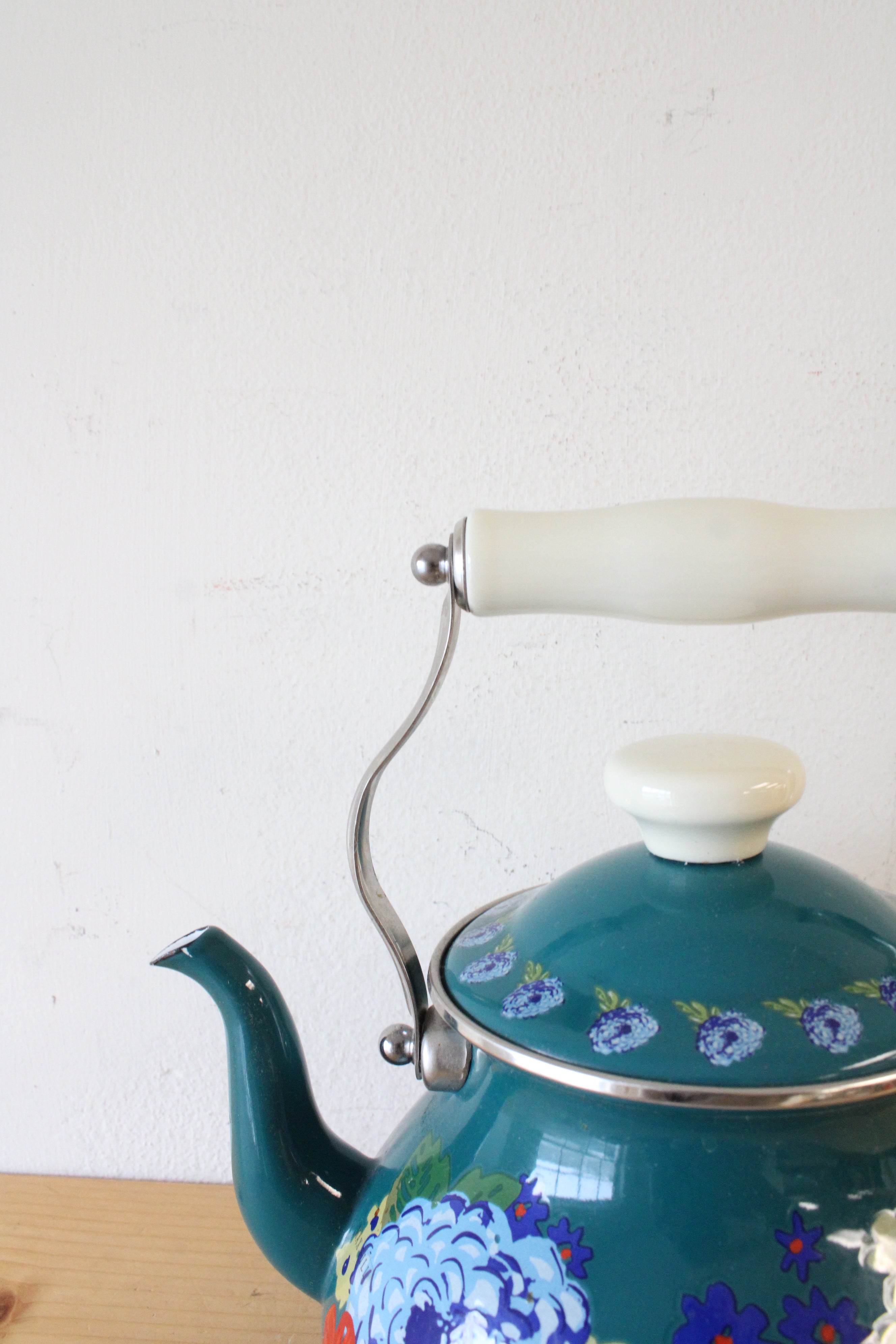 Pioneer Woman Teal Dazzling Dahlias Tea Kettle Pot