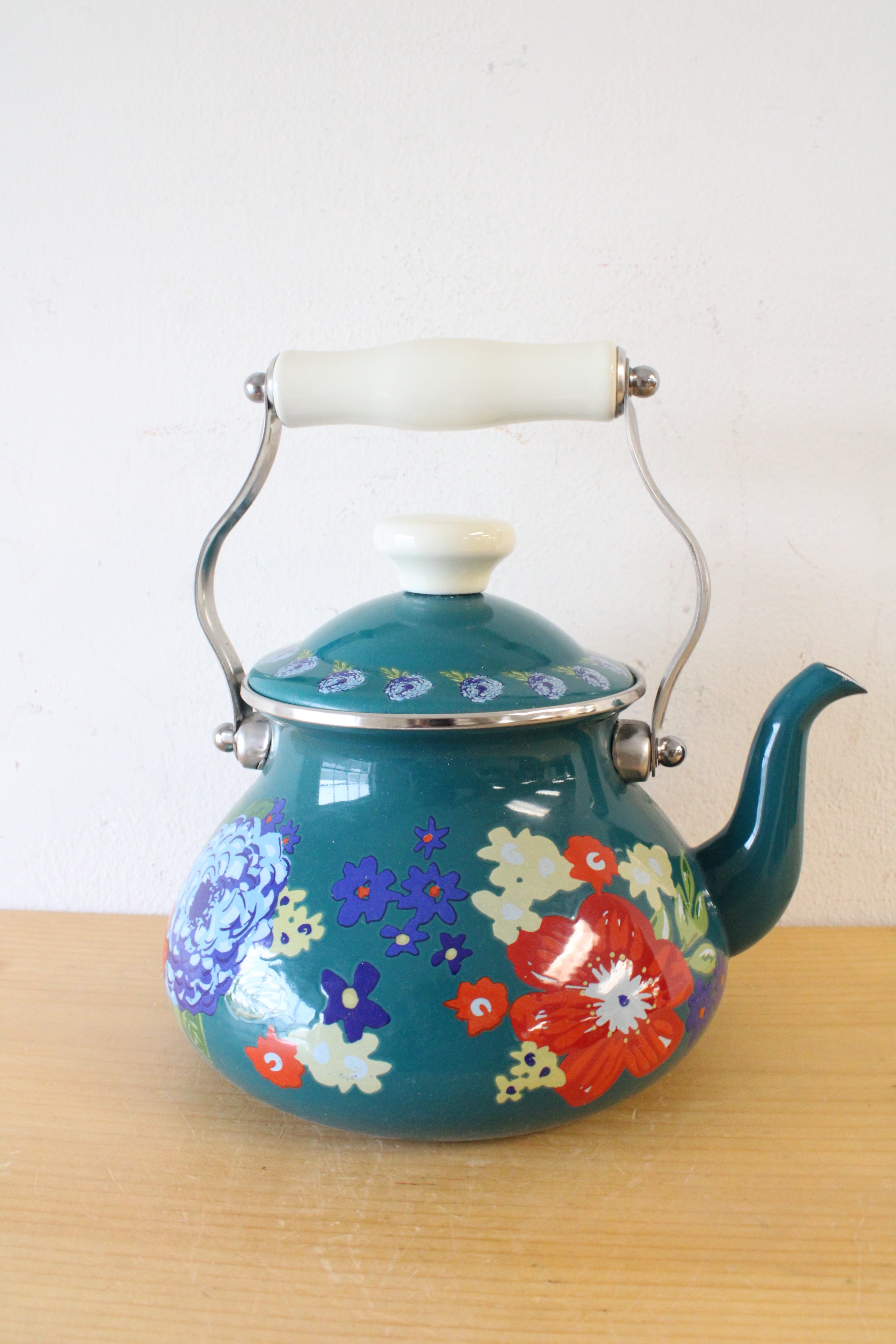 Pioneer Woman Teal Dazzling Dahlias Tea Kettle Pot