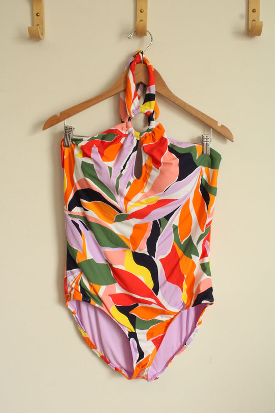 NEW Anne Cole Orange Green and Purple Tropical Printed Halter One Piece Swimsuit | 14