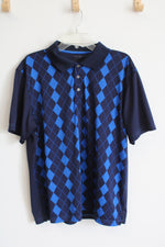 Tasso Elba Golf Blue and Navy Checkered Quarter Button Short Sleeve Shirt | L